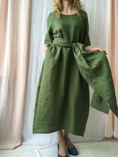 "Linen dress for women with belt, it's elegant, minimalist, and is sure to compliment every occasion, from formal gatherings to outings with friends. Made from 100% European flax, length in front is ± 120 cm(47\"), on back 138 cm(54\") Before placing an order, check the approximate measurements given below. If you are unsure about your size or would like to adjust the length of the item, you could leave your personal measurements (height, bust, waist and hips) in a personalization box. SIZE and Linen Belted Dress For Daywear, Plain Linen Spring Dress, Solid Color Tunic Dress For Daywear, Elegant Linen Tunic Dress For Spring, Solid Tunic Dress For Spring, Solid Color Tunic Dress For Spring, Relaxed Fit Belted Linen Dress, Elegant Linen Tunic Dress, Belted Linen Dresses For Spring