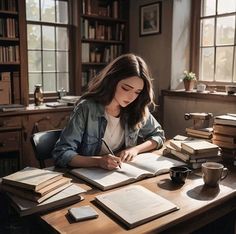 a woman is sitting at a desk with books and writing on it, in front of a window