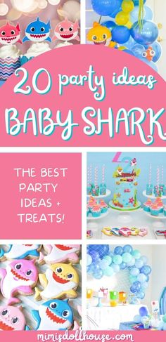 baby shark birthday party with balloons, cake and desserts on the table in pink and blue