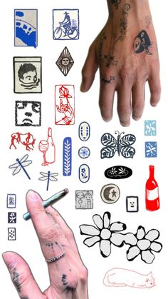 a person's hand with tattoos on it and various stickers around the fingers