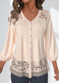 Color:Skin Color;Size:S;Size:M;Size:L;Size:XL;Size:XXL;Package Contents:1 X Blouse;Occasion:Other;Style:Bohemian; V Neck Blouse, Blouse Styles, Skin Color, Sleeve Blouse, V Neck, Skin, Lace, Color