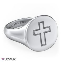 This men’s signet ring that features a simple cross design is a great way to celebrate your spirituality or to wear as a statement of style. Personalize with a sentimental base engraving, and customize in your choice of sterling silver or white, yellow, and rose gold. Simple Cross, Mens Engagement, Cross Design, Cross Designs, For Sale Sign, Gift Collections, Silver Man, Signet Ring, Mother’s Day