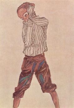 a drawing of a man in striped shirt and shorts with his hands behind his head