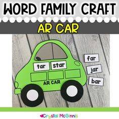 a green car with words that read word family craft and an image of the car