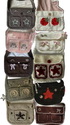 several purses are lined up in rows on the floor, one is crocheted and the other is knitted