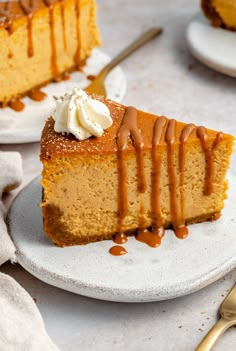 a slice of pumpkin cheesecake with caramel drizzle