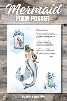 the mermaid poem poster is displayed on a wooden background with an illustration of a mermaid