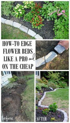 four different pictures with the words how to edge flower beds like a pro on the cheap