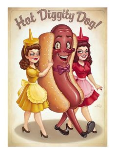 three women in dresses are holding large hot dogs with the words hot digility day on them