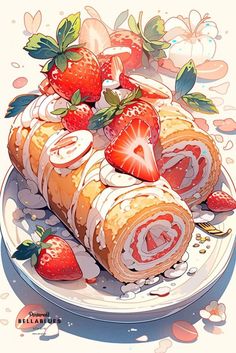 a plate with some strawberries on top of it and a roll that has been cut in half