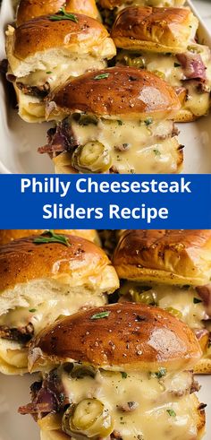 there are many different types of sandwiches on the plate with text overlay that reads, phily cheesesteak sliders recipe