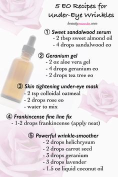 How to use essential oils for under eye wrinkles: Have you ever noticed that the skin under and around your eyes is thinner than the skin of your cheeks/ other facial areas? This thin and sensitive skin is Anti Wrinkle Essential Oils, Oils For Face, Haut Routine, Lotion For Oily Skin, Eye Wrinkles, Natural Hair Mask, Under Eye Mask, Under Eye Wrinkles