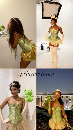 four different pictures of women dressed in princess costumes, one wearing a tiara and the other holding a frog