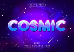 the word cosmic is shown in blue and purple colors with stars around it on a dark background