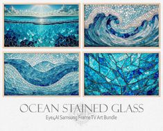 the ocean stained glass art bundle is shown in four different sizes and colors, including blue