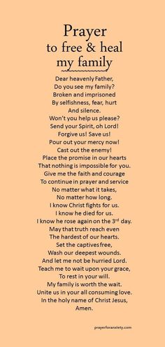 a poem with the words prayer to free and heal my family in black on an orange background