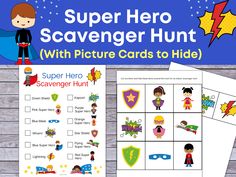 the super hero scavenger hunt with pictures to hide in it and on top of a wooden table