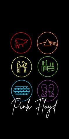 the words pink floyd are written in different colors on a black background with neon lights