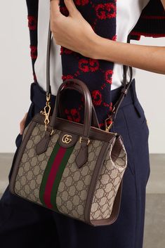 GUCCI Ophidia leather-trimmed printed coated-canvas tote bag | NET-A-PORTER Luxury Fitted Gucci Leather Jacket, Gucci Ophidia Crossbody, Luxury Gucci Boots With Horsebit Detail, Gucci Classic Bags, Luxury Gucci Bags, Gucci Croissant Bag, Gg Bag Gucci, Fake Gucci Handbags, Gg Gucci Bag