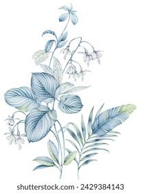 blue flowers and green leaves on a white background