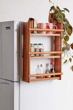 a wooden shelf that is next to a refrigerator and potted plant on the wall