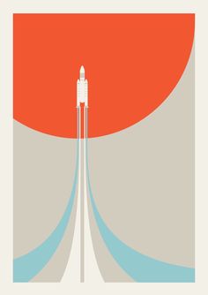 an orange and blue poster with a rocket on it