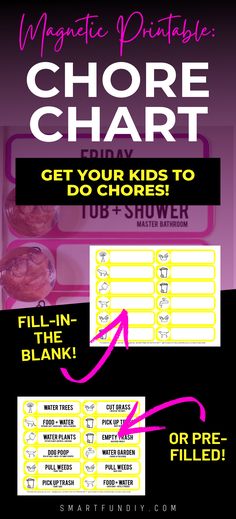 pink graphic with words "magnetic printable: chore chart" and yellow chore chart sheets with arrows Blank Chore Chart, Make Your Own Magnets, Diy Chore Chart, Free Chore Chart, House Management, Magnetic Chore Chart, Water Pick, Printable Chore Chart, Garage Organize