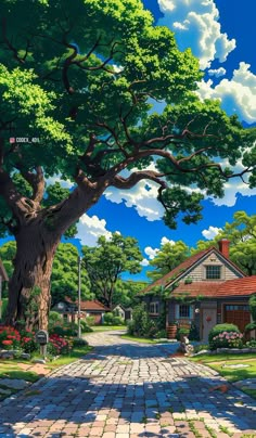 a painting of a street with trees and houses in the background on a sunny day