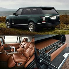 the interior and exterior of a range rover are shown in two different photos, one is brown