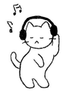 a black and white drawing of a cat listening to headphones with music notes coming out of its ears