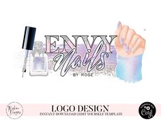 the logo design for envy nails by rose is shown with nail polish and manicure