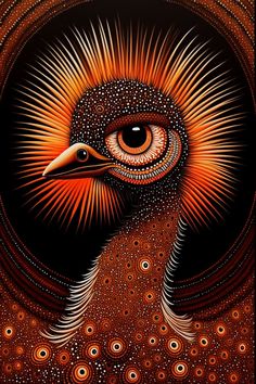 an image of a bird with orange and black circles on it's face, in front of a dark background