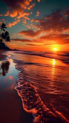 the sun is setting at the beach with palm trees in the background and waves on the sand