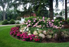 a rock garden with pink and white flowers in the foreground, next to a large tree