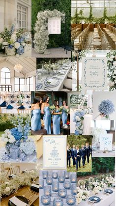 a collage of blue and white wedding colors with flowers, candles, and decorations