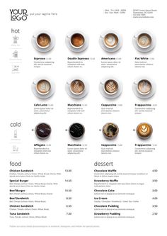 the coffee menu is shown with different types of cups and saucers on it's sides