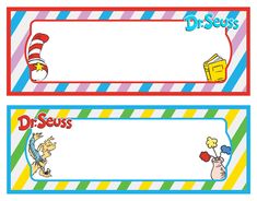 two dr seuss name tags with cat in the hat