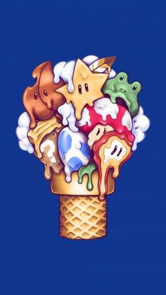 an ice cream cone filled with lots of different types of toppings on top of it