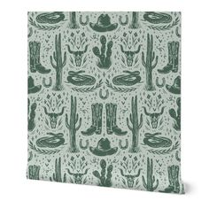 a green and white wallpaper with cactuses, cacti and hats on it