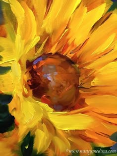 a painting of a yellow sunflower with green leaves