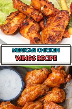 mexican chicken wings recipe with ranch dressing on the side and an image of lettuce