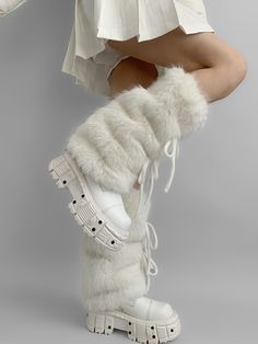 Step into the enchanting world of autumn and winter fashion with our White Self-tie Bowknots Faux Fur Leg Warmers. Adorned with delicate, self-tie bowknots, these leg warmers offer a customizable fit and an extra dose of kawaii cuteness. The classic white hue complements any outfit. Garment Size SizeFree SizeFull Length40Cuff28/42 White Fur Accessories, Fluffy Leg Warmers Outfit, Abby Abominable, Fur Legwarmers, Abbey Aesthetic, Snow Bunny Outfit, Fuzzy Leg Warmers, Unique Rave Outfits, Kawaii Leg Warmers