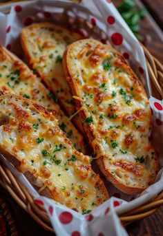 baked bread with cheese and herbs in a basket