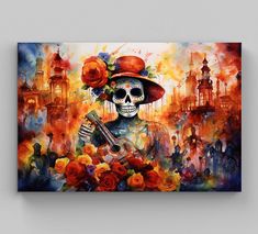 a painting of a skeleton holding a guitar in front of a colorful cityscape