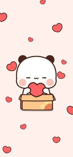 a cute panda bear holding a heart in a box with hearts floating around the edges