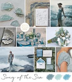 a collage of blue and gray wedding colors with the words song of the sea