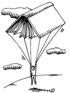 a drawing of a person holding onto a kite in the sky with clouds behind them