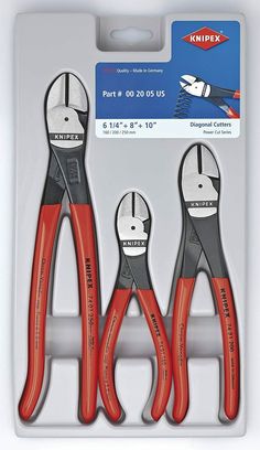 3 piece set of pliers with red handles and black handles on each side of the package