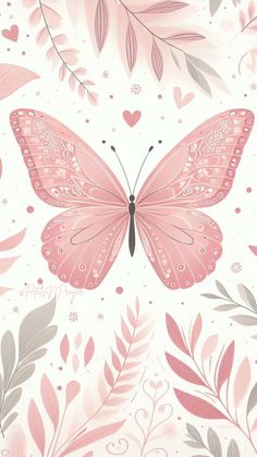 a pink butterfly with leaves and hearts on it