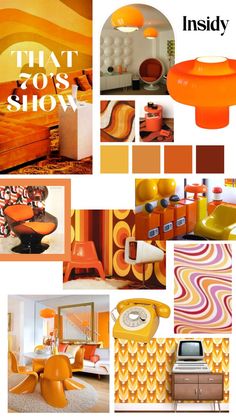 an orange and yellow color scheme is featured in the inside out magazine, including furniture